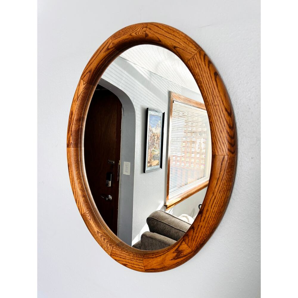 Vintage Oak Oval Wall Mirror Sculpted Wood Frame Mid Century Style